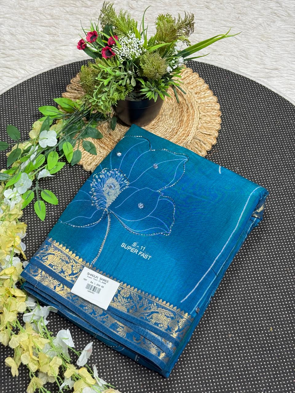 SHAGUN FASHION Premium Lotus Floral Aari Handwork Soft Linen Silk Saree with Rich Golden Zari Border — Exclusive on zankhi.in