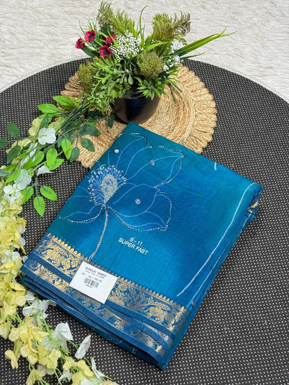 SHAGUN FASHION Premium Lotus Floral Aari Handwork Soft Linen Silk Saree with Rich Golden Zari Border — Exclusive on zankhi.in