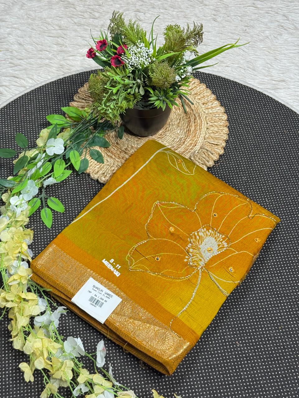 SHAGUN FASHION Premium Lotus Floral Aari Handwork Soft Linen Silk Saree with Rich Golden Zari Border — Exclusive on zankhi.in