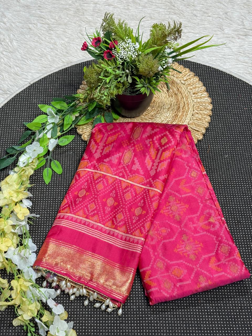 SHAGUN FASHION Premium Patola Weave Silk Saree with Rich Zari Border & Pearl Latkan