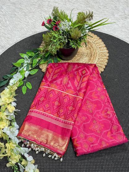 SHAGUN FASHION Premium Patola Weave Silk Saree with Rich Zari Border & Pearl Latkan