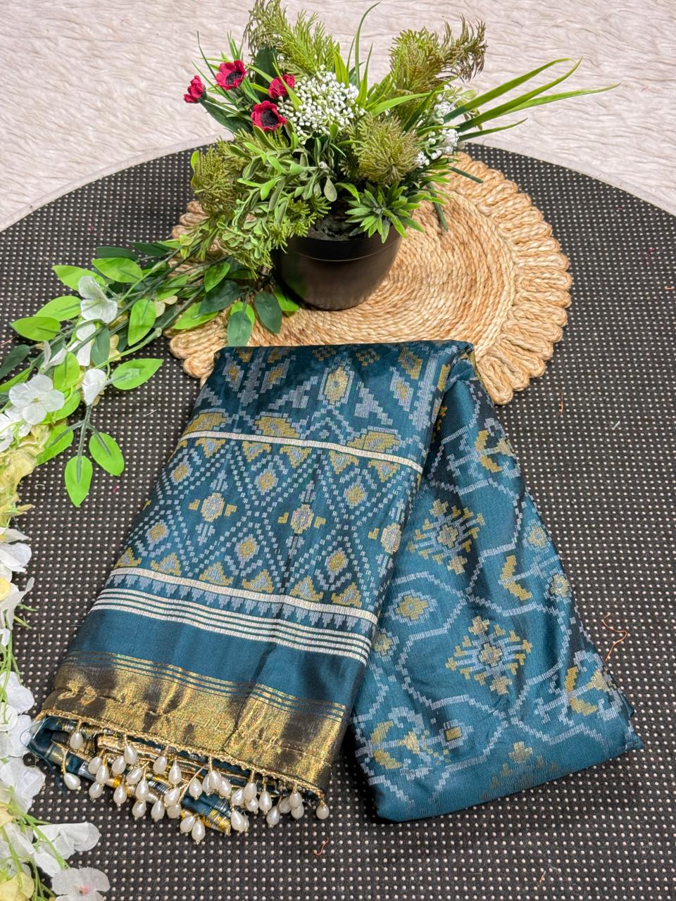 SHAGUN FASHION Premium Patola Weave Silk Saree with Rich Zari Border & Pearl Latkan