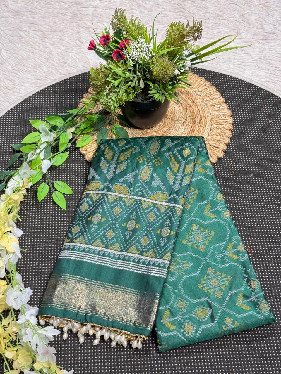 SHAGUN FASHION Premium Patola Weave Silk Saree with Rich Zari Border & Pearl Latkan