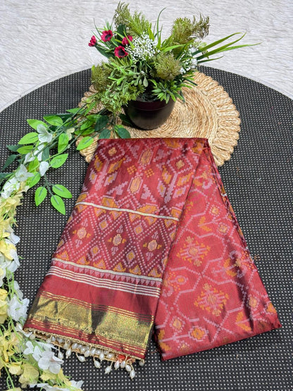 SHAGUN FASHION Premium Patola Weave Silk Saree with Rich Zari Border & Pearl Latkan