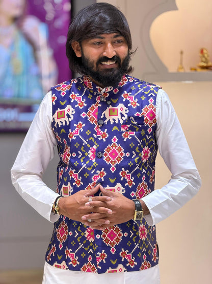 SHAGUN FASHION Premium Men's Traditional Patola Print Nehru Jacket & Kurta Pyjama Set