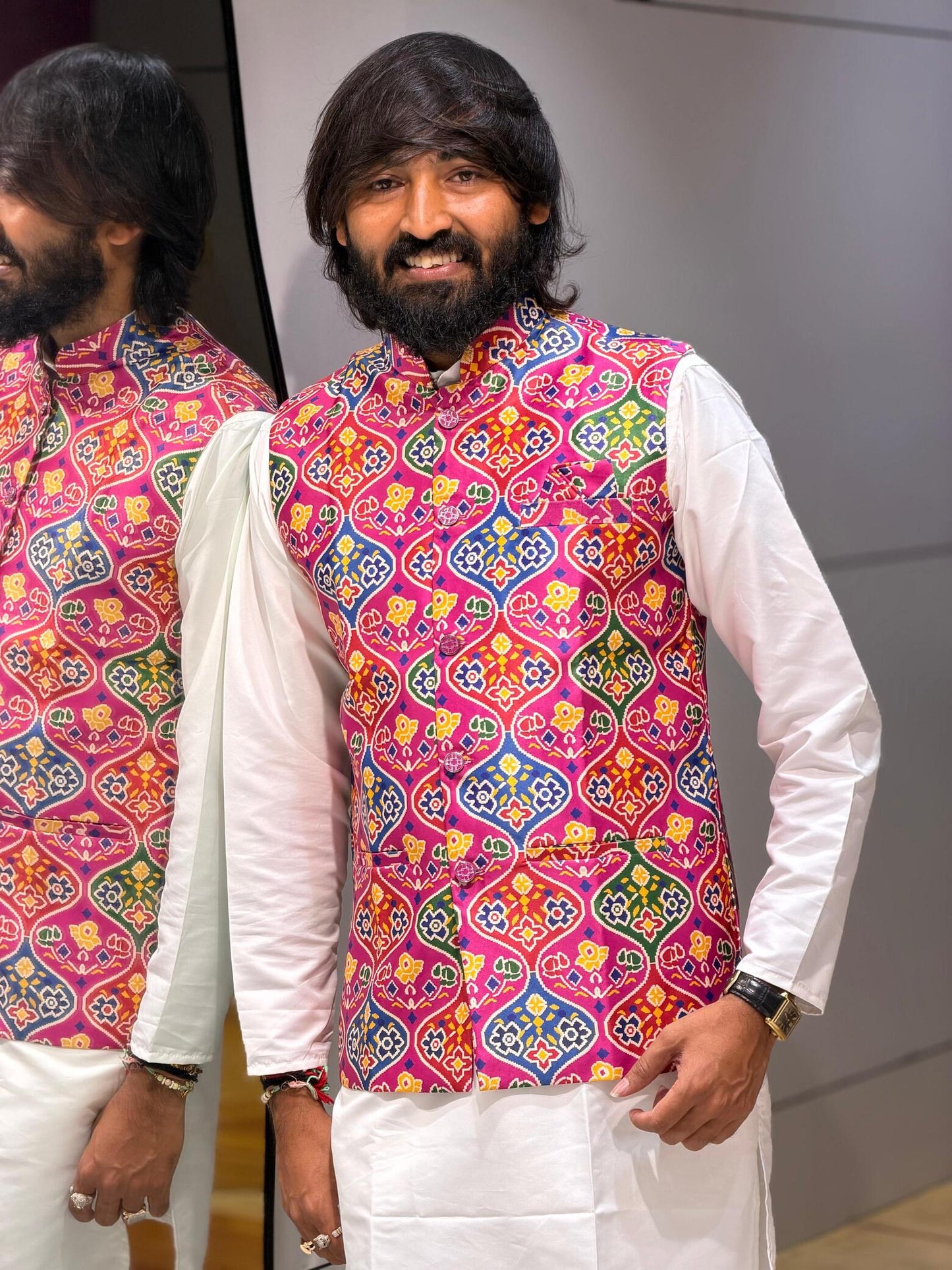 SHAGUN FASHION Premium Men's Traditional Patola Print Nehru Jacket & Kurta Pyjama Set