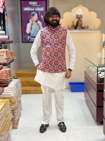 SHAGUN FASHION Premium Men's Traditional Patola Print Nehru Jacket & Kurta Pyjama Set
