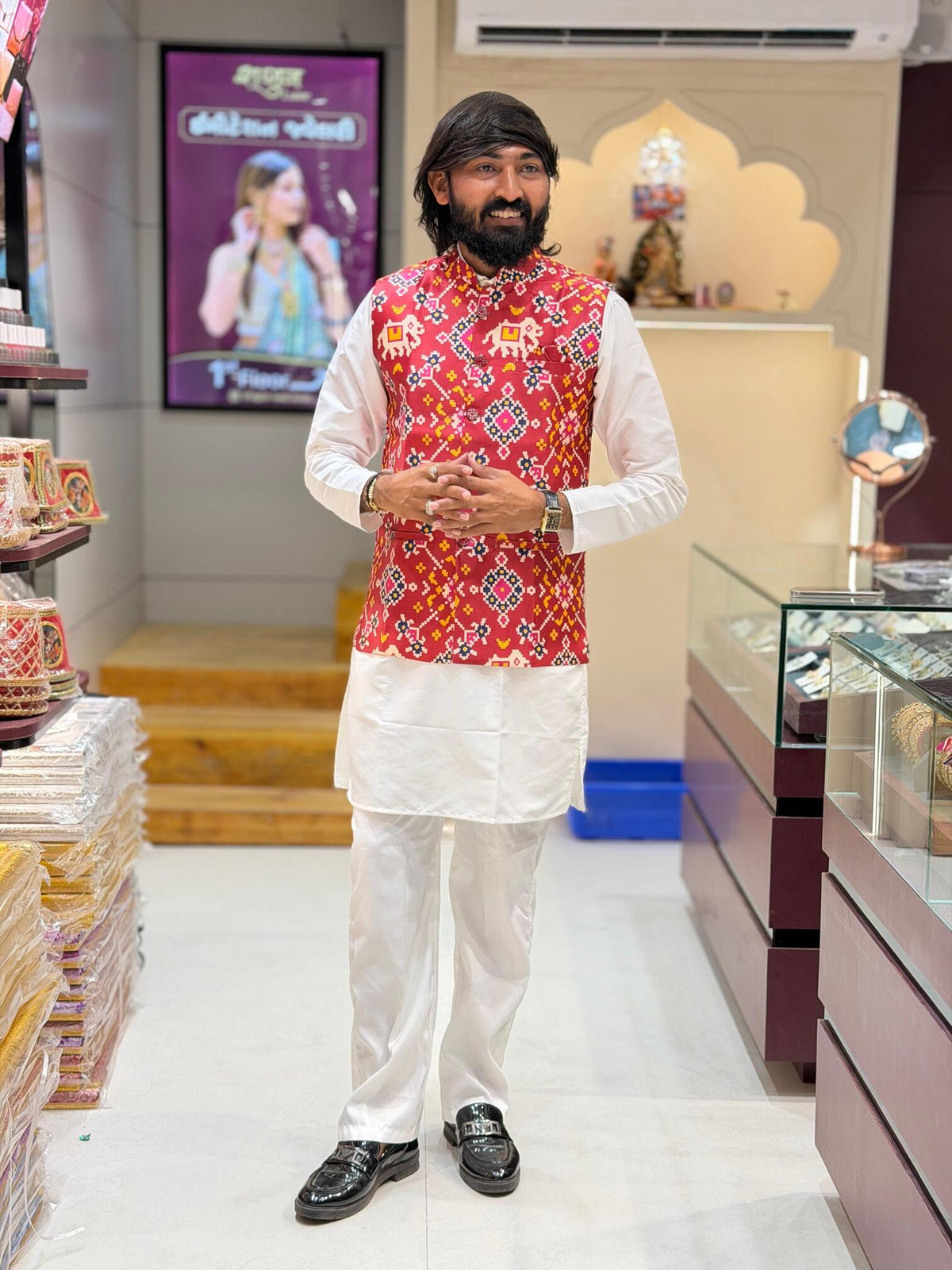 SHAGUN FASHION Premium Men's Traditional Patola Print Nehru Jacket & Kurta Pyjama Set