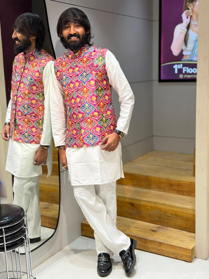 SHAGUN FASHION Premium Men's Traditional Patola Print Nehru Jacket & Kurta Pyjama Set