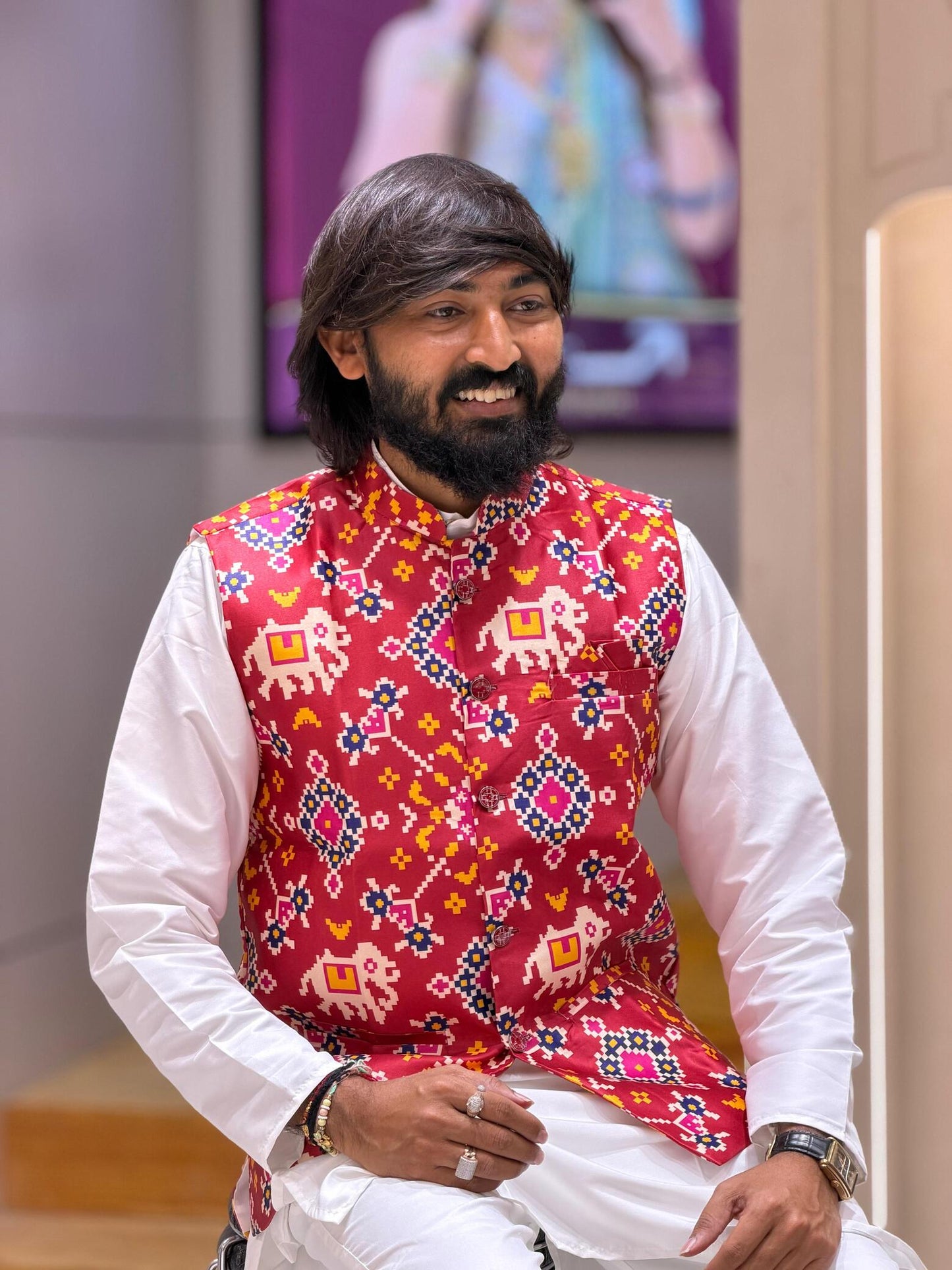 SHAGUN FASHION Premium Men's Traditional Patola Print Nehru Jacket & Kurta Pyjama Set