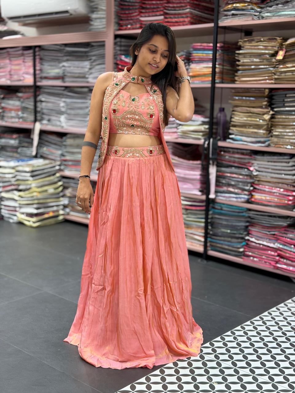 SHAGUN FASHION Exclusive Designer Indo-Western Lehenga Choli Set with Heavily Embroidered Stone & Thread Work Koti Shrug