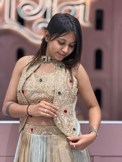 SHAGUN FASHION Exclusive Designer Indo-Western Lehenga Choli Set with Heavily Embroidered Stone & Thread Work Koti Shrug