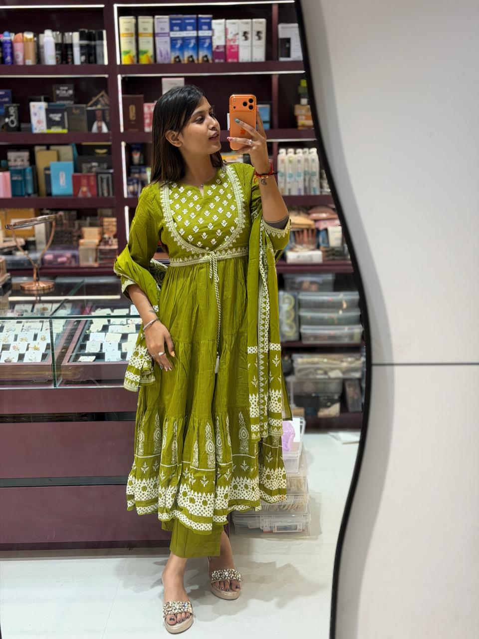 SHAGUN FASHION Premium Printed Cotton Tiered Anarkali Suit Set with Dupatta