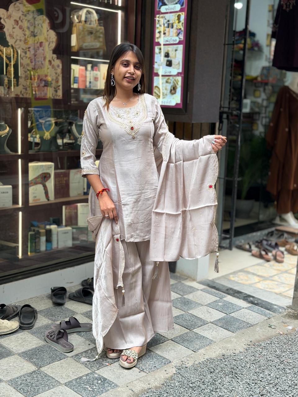 SHAGUN FASHION Premium Designer Hand-Embroidered Tissue Silk Kurti, Palazzo & Dupatta 3-Piece Set