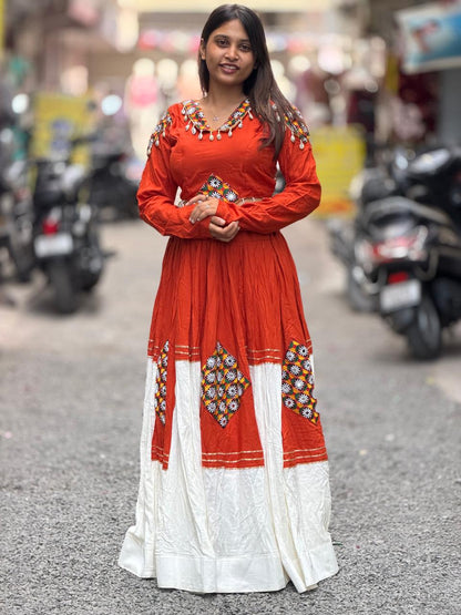 SHAGUN FASHION Rust Red Ethnic Indo-Western Anarkali Gown with Traditional Patchwork & Shell Detailing