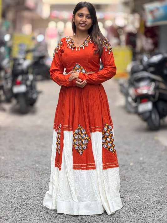 SHAGUN FASHION Rust Red Ethnic Indo-Western Anarkali Gown with Traditional Patchwork & Shell Detailing