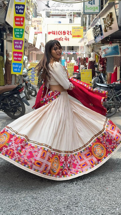 SHAGUN FASHION Traditional Off-White & Maroon Navratri Chaniya Choli Set with Mirror & Patchwork Details | Available on zankhi.in