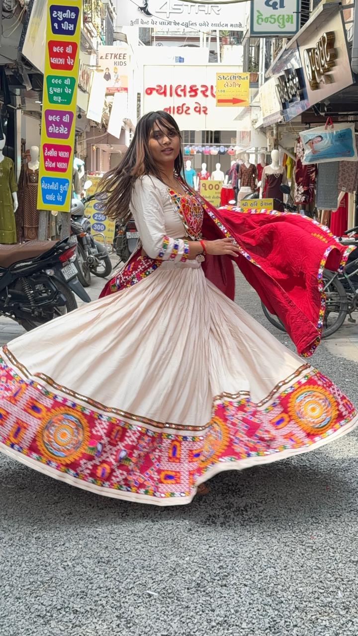 SHAGUN FASHION Traditional Off-White & Maroon Navratri Chaniya Choli Set with Mirror & Patchwork Details | Available on zankhi.in