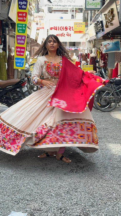 SHAGUN FASHION Traditional Off-White & Maroon Navratri Chaniya Choli Set with Mirror & Patchwork Details | Available on zankhi.in