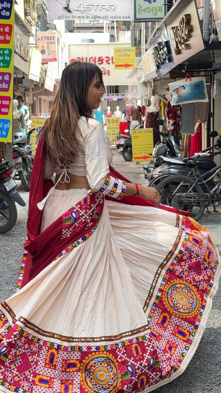 SHAGUN FASHION Traditional Off-White & Maroon Navratri Chaniya Choli Set with Mirror & Patchwork Details | Available on zankhi.in