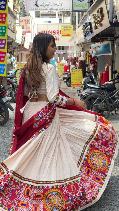SHAGUN FASHION Traditional Off-White & Maroon Navratri Chaniya Choli Set with Mirror & Patchwork Details | Available on zankhi.in