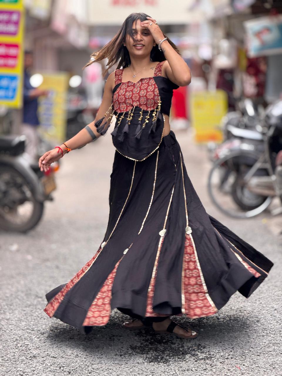 SHAGUN FASHION Black & Maroon Indo-Western Designer Crop Top & Skirt Set — Exclusive on zankhi.in