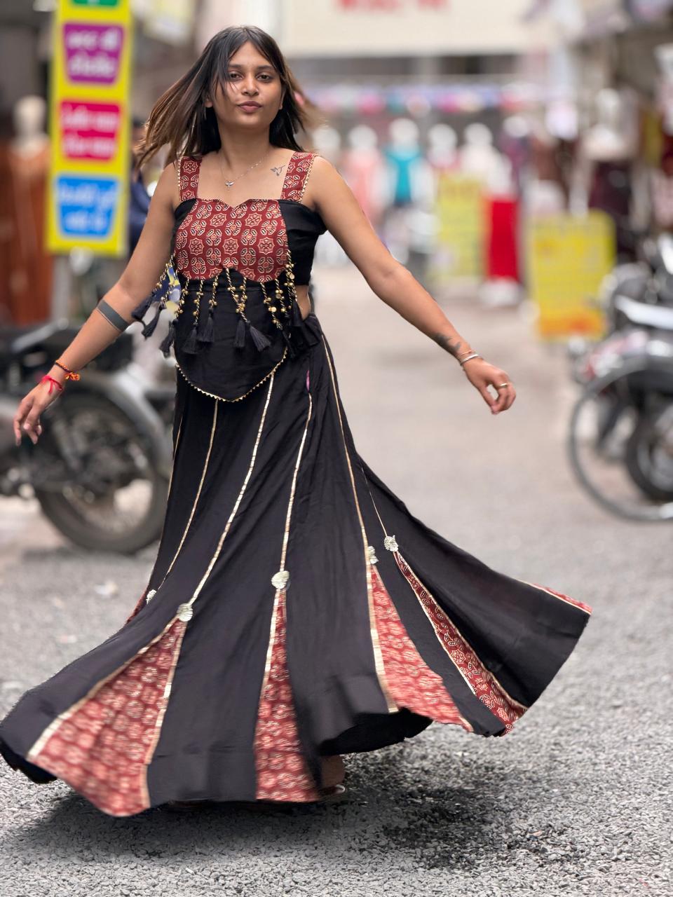 SHAGUN FASHION Black & Maroon Indo-Western Designer Crop Top & Skirt Set — Exclusive on zankhi.in