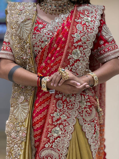 SHAGUN FASHION Exclusive Designer Bandhani Half & Half Heavy Embroidery Saree | Available on zankhi.in
