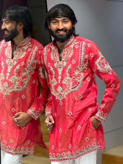 SHAGUN FASHION Men's Designer Mirror & Thread Work Short Kurta Set