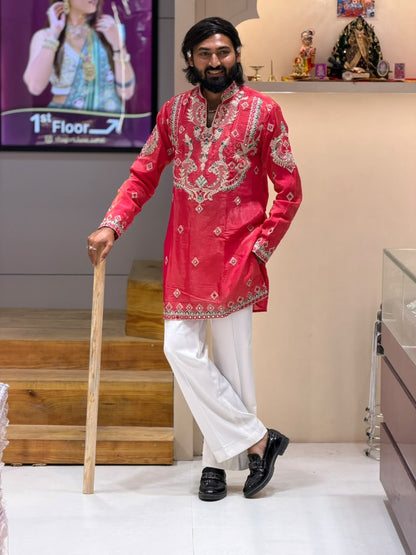 SHAGUN FASHION Men's Designer Mirror & Thread Work Short Kurta Set
