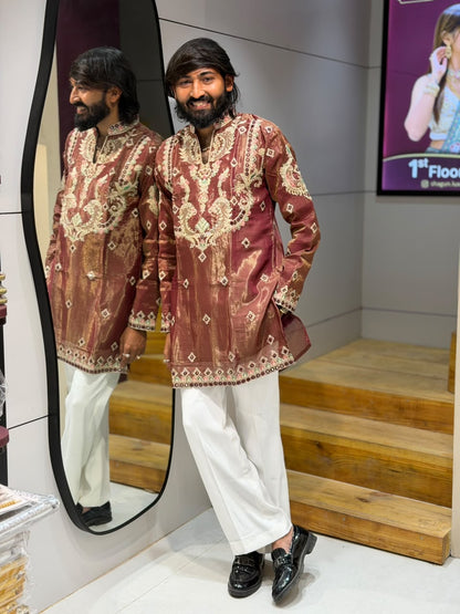 SHAGUN FASHION Men's Designer Mirror & Thread Work Short Kurta Set