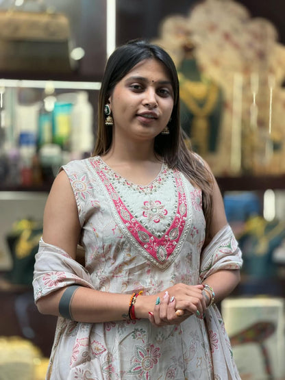 SHAGUN FASHION Premium Floral Print Cotton Kurta Set with Mirror Work Neckline & Matching Dupatta – Available on zankhi.in