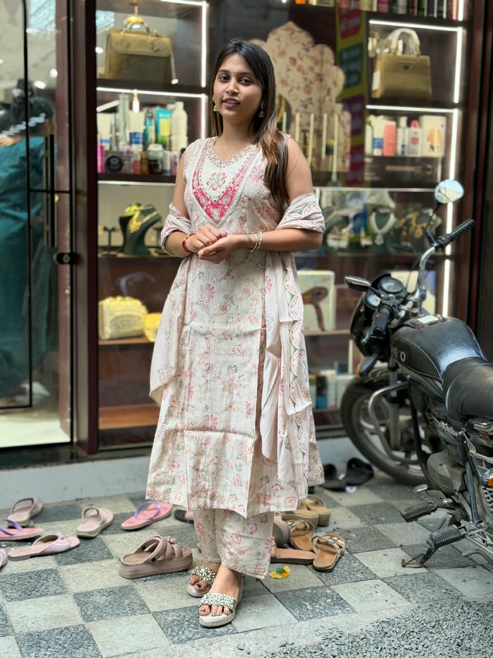 SHAGUN FASHION Premium Floral Print Cotton Kurta Set with Mirror Work Neckline & Matching Dupatta – Available on zankhi.in
