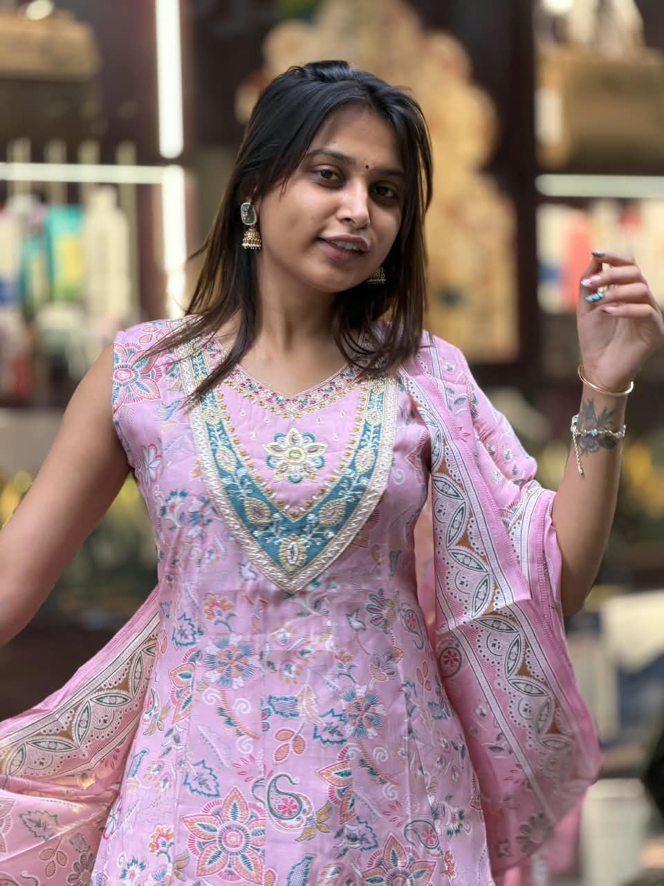 SHAGUN FASHION Premium Floral Print Cotton Kurta Set with Mirror Work Neckline & Matching Dupatta – Available on zankhi.in