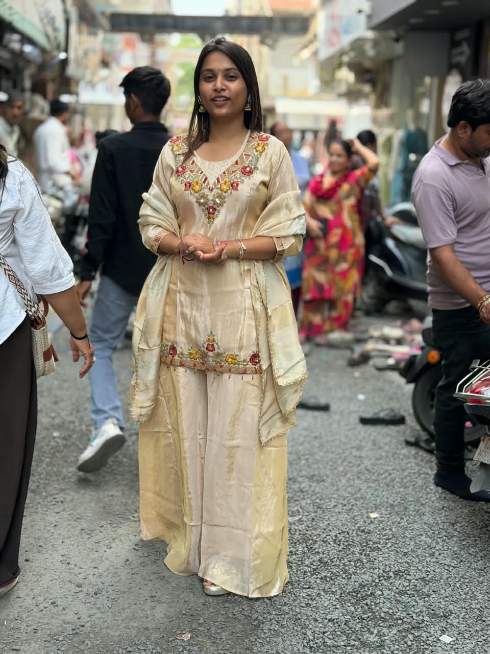 SHAGUN FASHION — Designer Hand-Embroidered Silk Kurti Palazzo Set with Dupatta