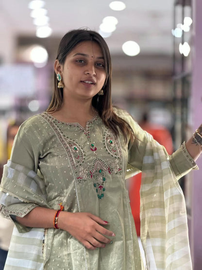 SHAGUN FASHION Premium Designer Embroidery & Mirror Work Silk Kurti Set with Striped Dupatta – Available on zankhi.in