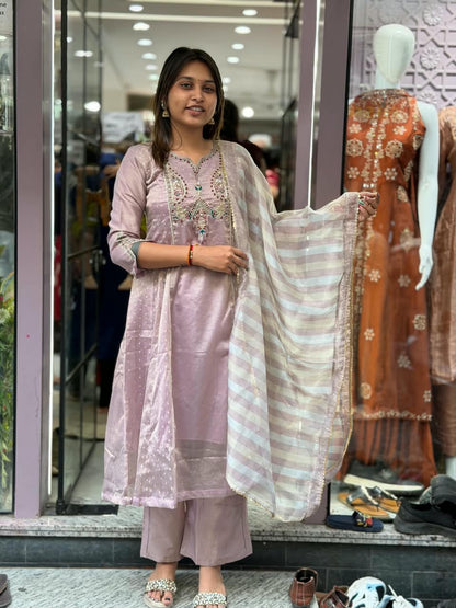 SHAGUN FASHION Premium Designer Embroidery & Mirror Work Silk Kurti Set with Striped Dupatta – Available on zankhi.in