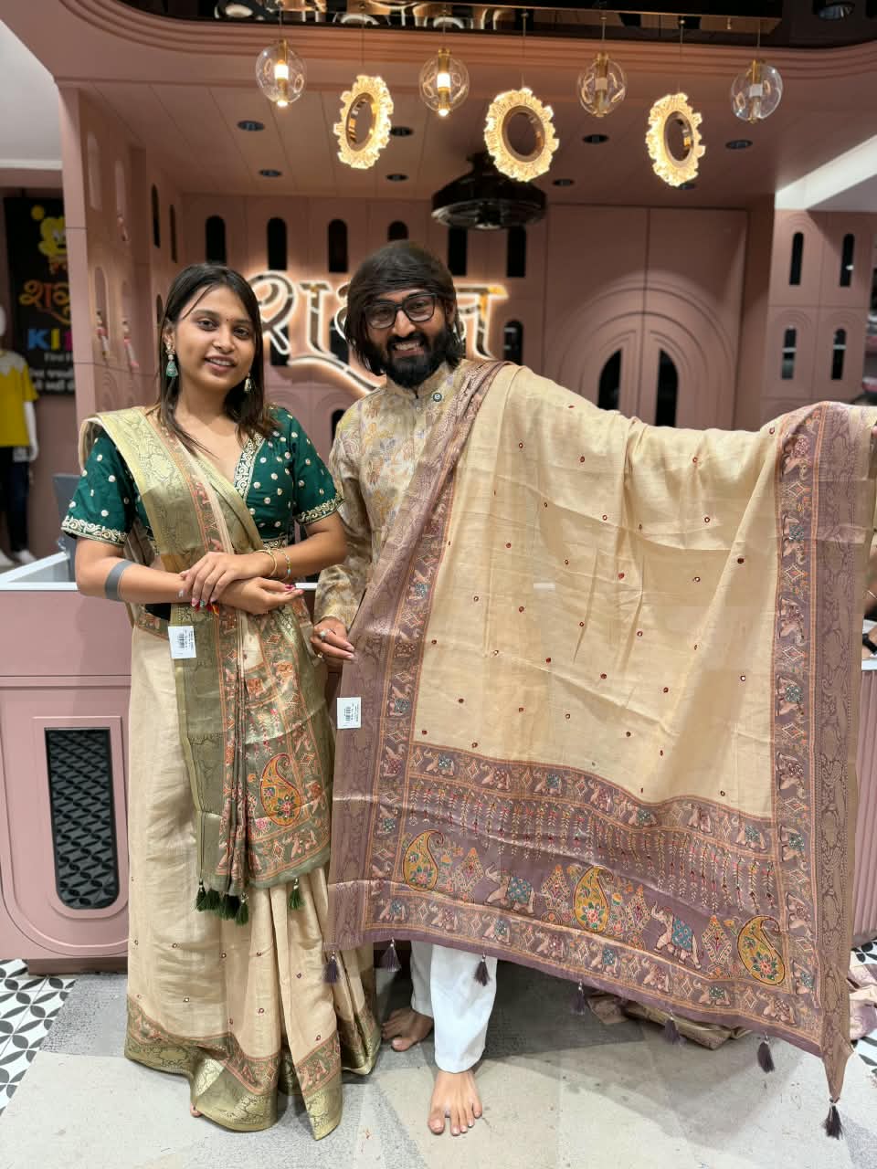 SHAGUN FASHION Premium Natural Linen Cotton Saree with Elephant Motif, Mirror Handwork Border & Matching Blouse Piece