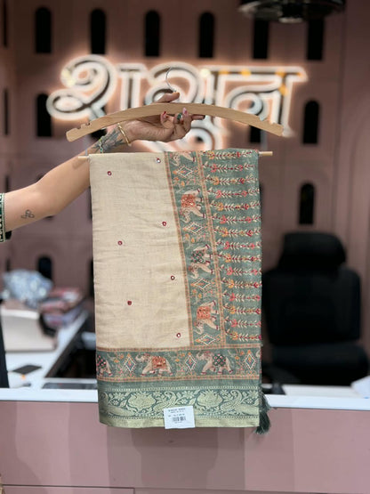 SHAGUN FASHION Premium Natural Linen Cotton Saree with Elephant Motif, Mirror Handwork Border & Matching Blouse Piece