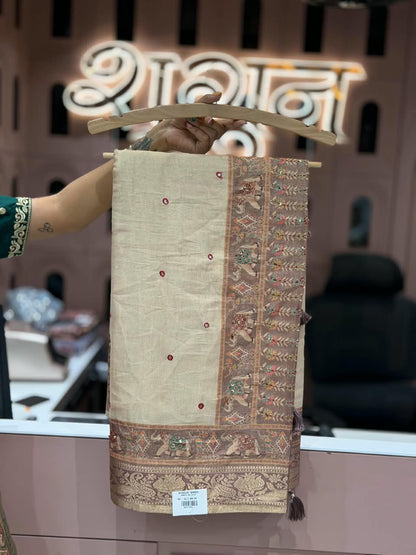 SHAGUN FASHION Premium Natural Linen Cotton Saree with Elephant Motif, Mirror Handwork Border & Matching Blouse Piece