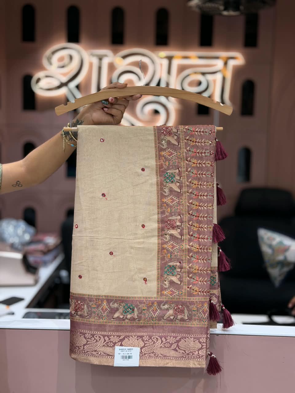 SHAGUN FASHION Premium Natural Linen Cotton Saree with Elephant Motif, Mirror Handwork Border & Matching Blouse Piece