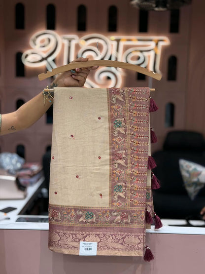 SHAGUN FASHION Premium Natural Linen Cotton Saree with Elephant Motif, Mirror Handwork Border & Matching Blouse Piece