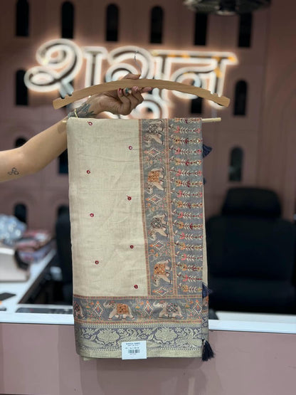 SHAGUN FASHION Premium Natural Linen Cotton Saree with Elephant Motif, Mirror Handwork Border & Matching Blouse Piece