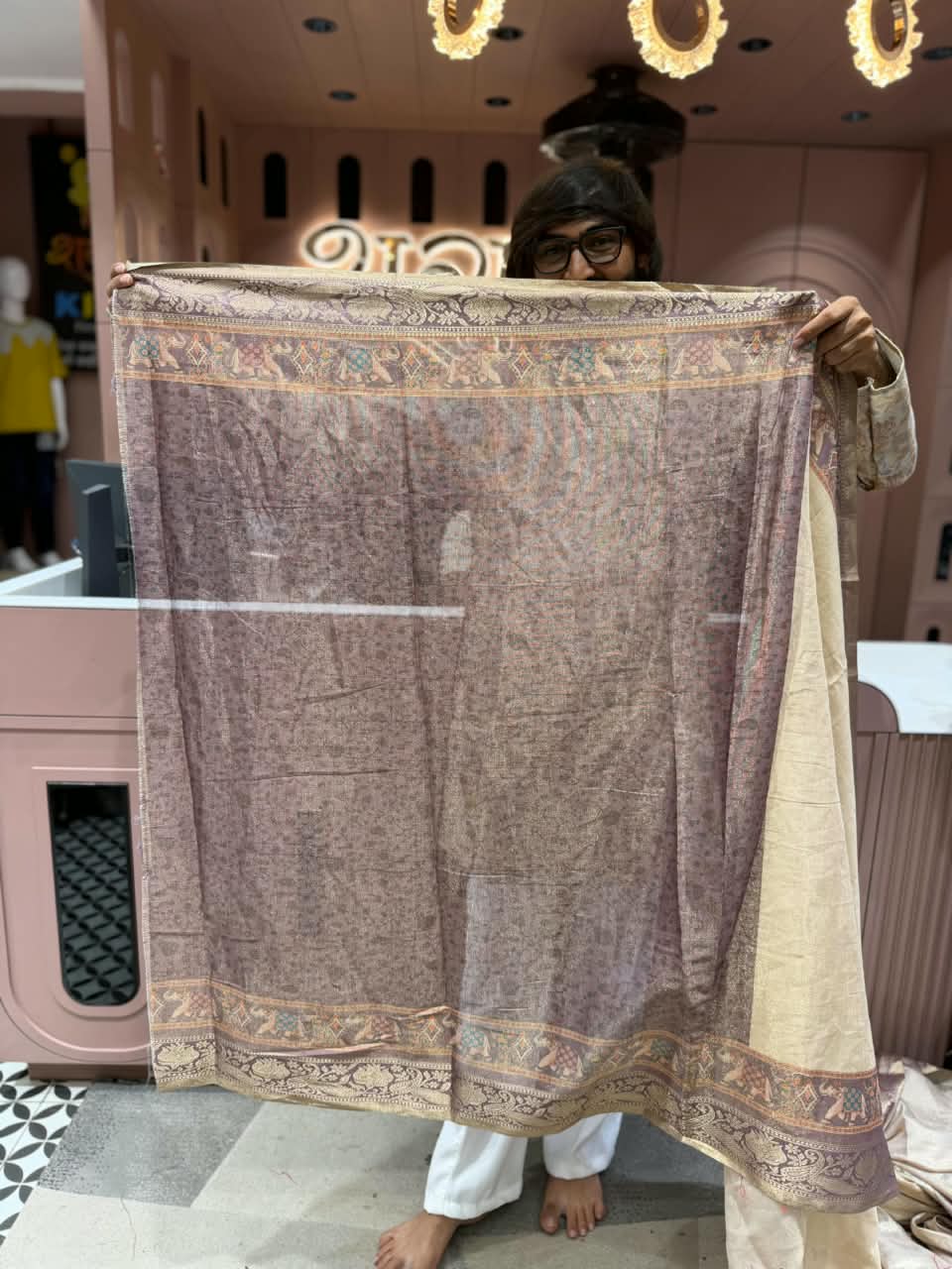 SHAGUN FASHION Premium Natural Linen Cotton Saree with Elephant Motif, Mirror Handwork Border & Matching Blouse Piece