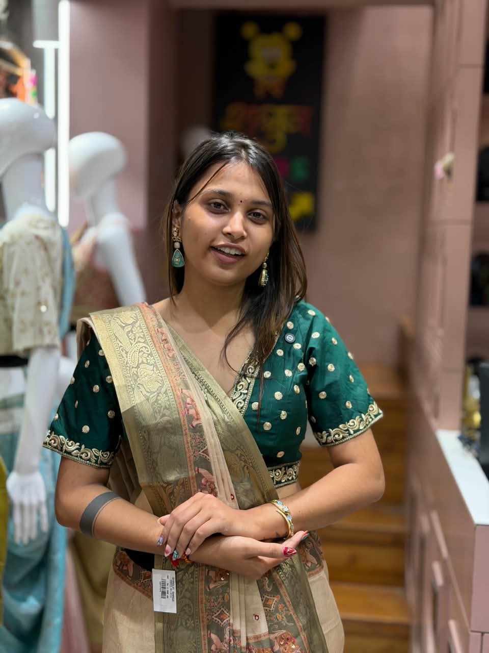 SHAGUN FASHION Premium Natural Linen Cotton Saree with Elephant Motif, Mirror Handwork Border & Matching Blouse Piece