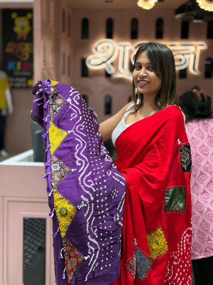 SHAGUN FASHION Exclusive Designer Bandhani Silk Saree with Patchwork Border & Tassels – Available on zankhi.in