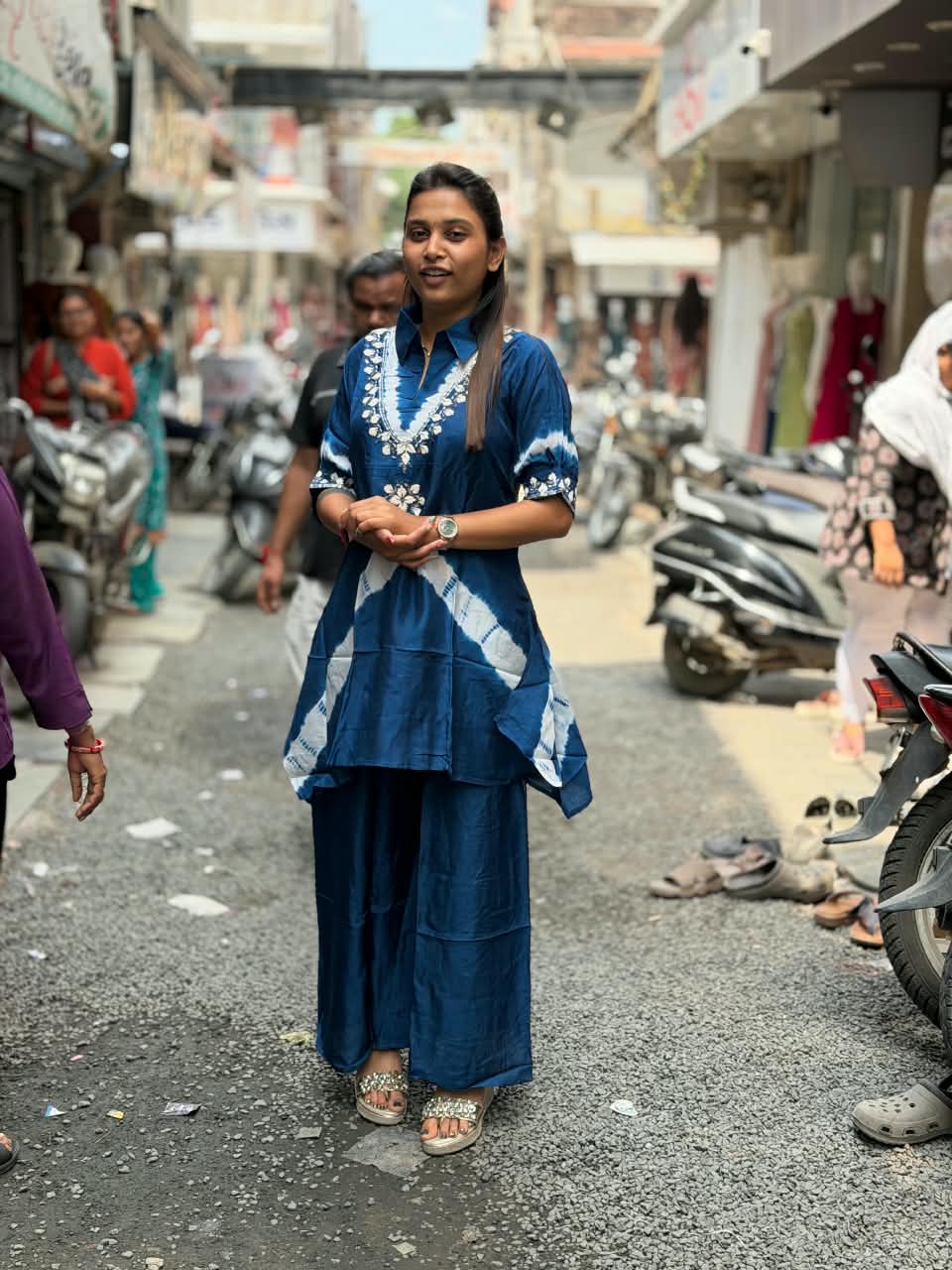 SHAGUN FASHION Premium Tie-Dye Handwork Collar Kurti & Flared Palazzo Co-ord Set – Exclusive on zankhi.in