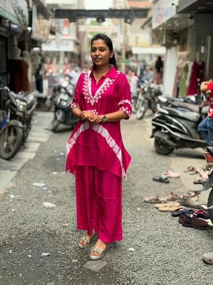 SHAGUN FASHION Premium Tie-Dye Handwork Collar Kurti & Flared Palazzo Co-ord Set – Exclusive on zankhi.in