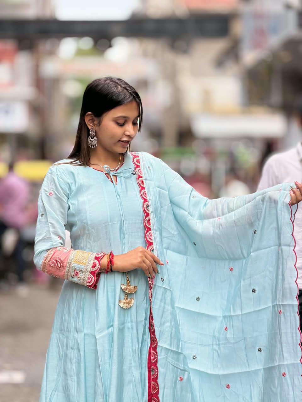 SHAGUN FASHION Designer 3-Piece Silk Anarkali Suit Set with Embroidered Sleeves & Cutwork Dupatta