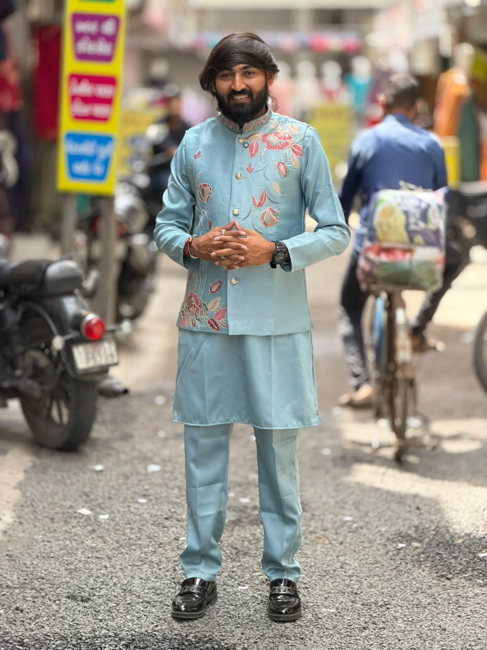 SHAGUN FASHION Men’s Floral Embroidered Kurta Jacket Set — Premium Festive Wear